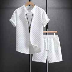 Men's Jacquard Casual Short Sleeve Shirt Outfit