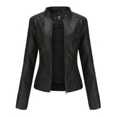 Women's Zip-up Leather Jackets Fashion Solid Color Pockets Stand Collar Top Outwear Clothing