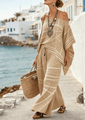 Bohemian Style Off-the-shoulder Batwing Sleeve Top Wide-leg Pants Vacation Two-piece Set