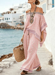 Bohemian Style Off-the-shoulder Batwing Sleeve Top  Wide-leg Pants Vacation Two-piece Set